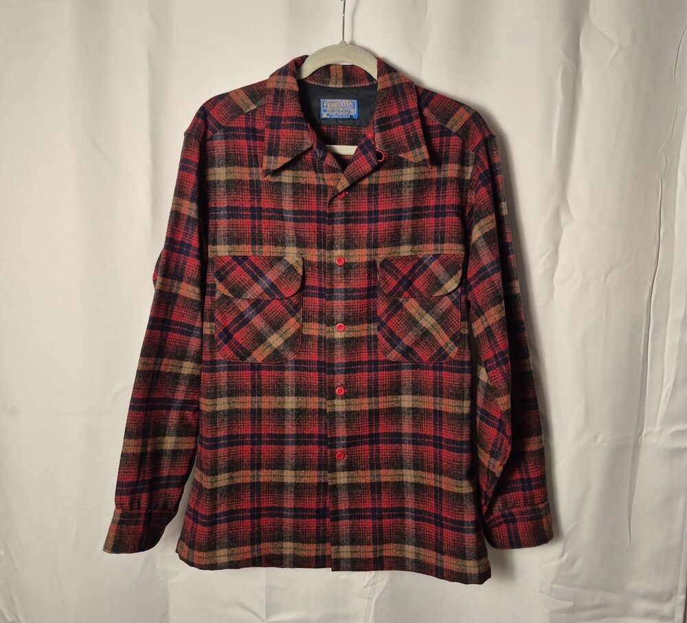 Vintage 70s Pendleton Board Shirt Mens M Plaid 100% Pure Virgin Wool Loop Collar